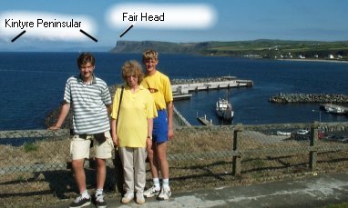 Looking over Ballycastle harbour entrance - with Fair Head behind and Kintyre in the far distance.